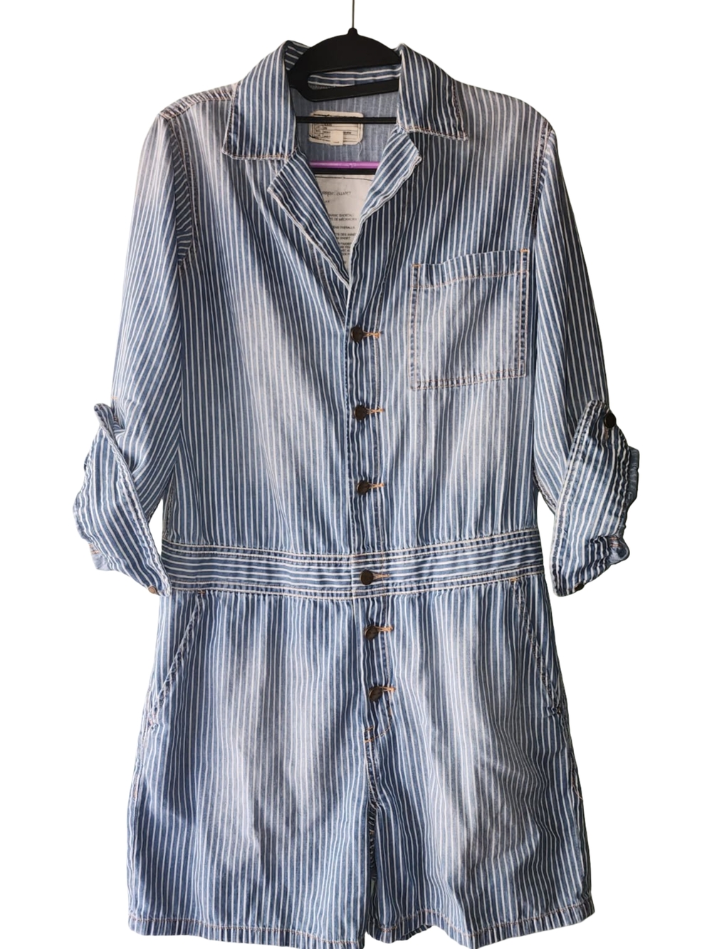 CURRENT/ELLIOTT Blue & White Conductor Striped Denim Romper Shortall Sz 1- S EUC